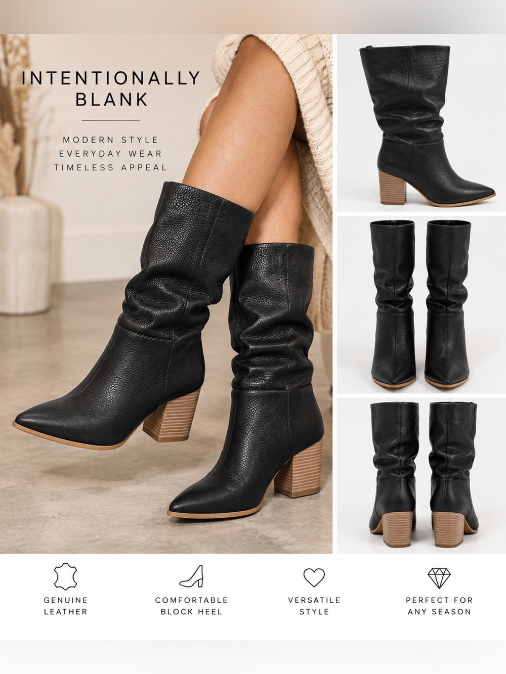INTENTIONALLY BLANK Black Leather Mid Calf Boots Size 8 Block Heel